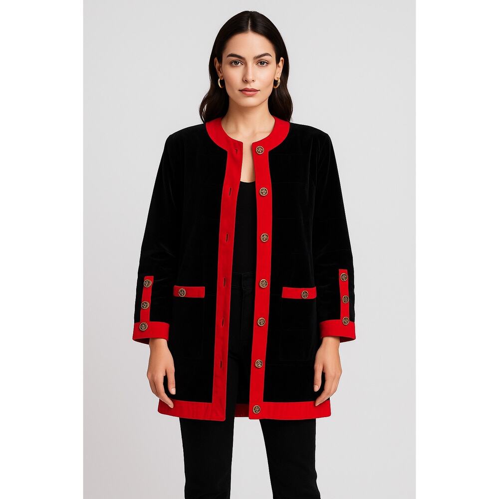 Vintage 80s Cattiva Velvet Quilted Coat Black Red Trim Gold Buttons Sz Small